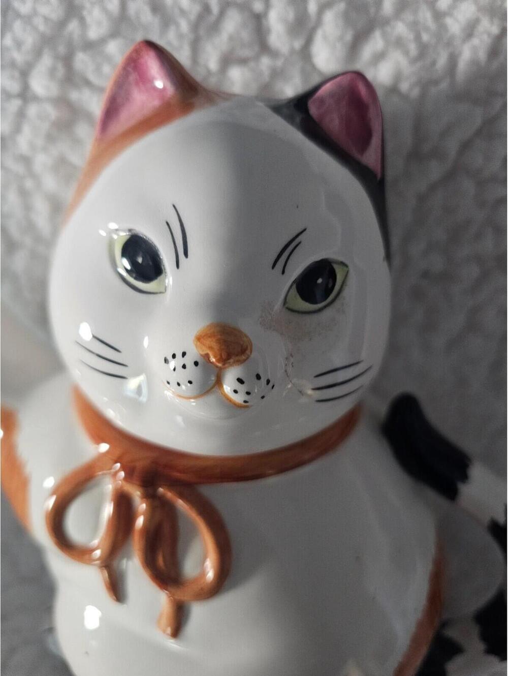 Vintage Chubby Cat Tea Pot 7" Porcelain Ceramic Multicolor 2pc Thailand Decor - Picture 4 of 16